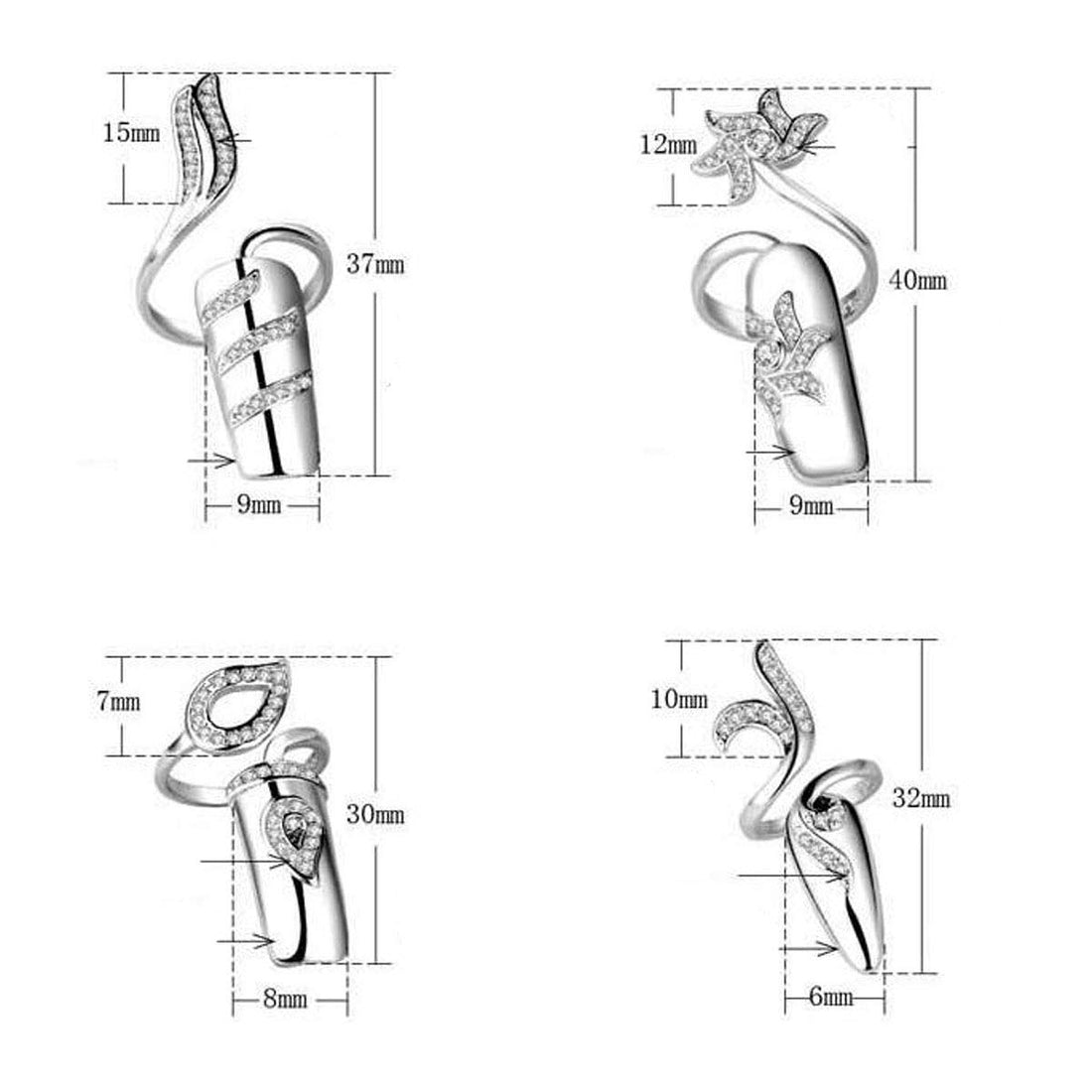 4 Pcs Fashion Rhinestone Crystal Nail Ring Manicure Fingertip Charm Finger Decoration Jewelry Accessories for Women