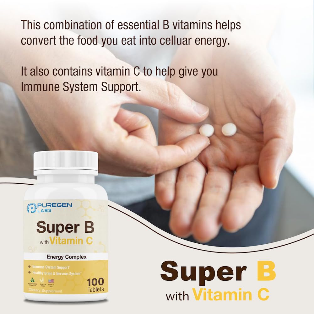 Puregen Labs Super B Energy Complex with Vitamin C - Immune Health, Energy & Nervous System Support - Non-GMO, Gluten-Free 100 Vegetarian Tablets