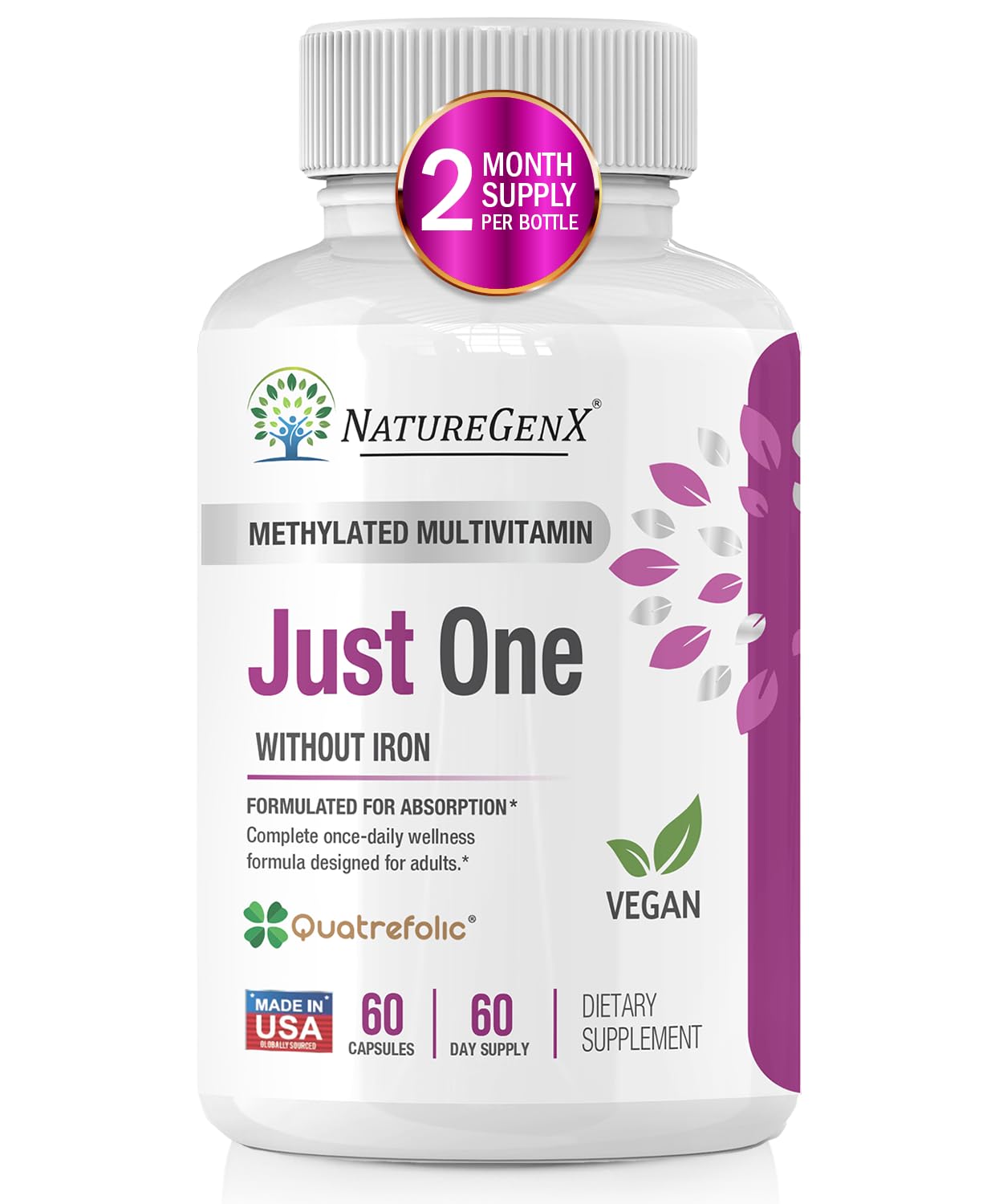 NatureGenX Just One Daily Methylated Multivitamin - 60 Caps Pure Methyl B12, Methylfolate MTHFR Support Supplement Iron Free Methylated Vitamins for Men & Women 2 Months Supply Gluten Free