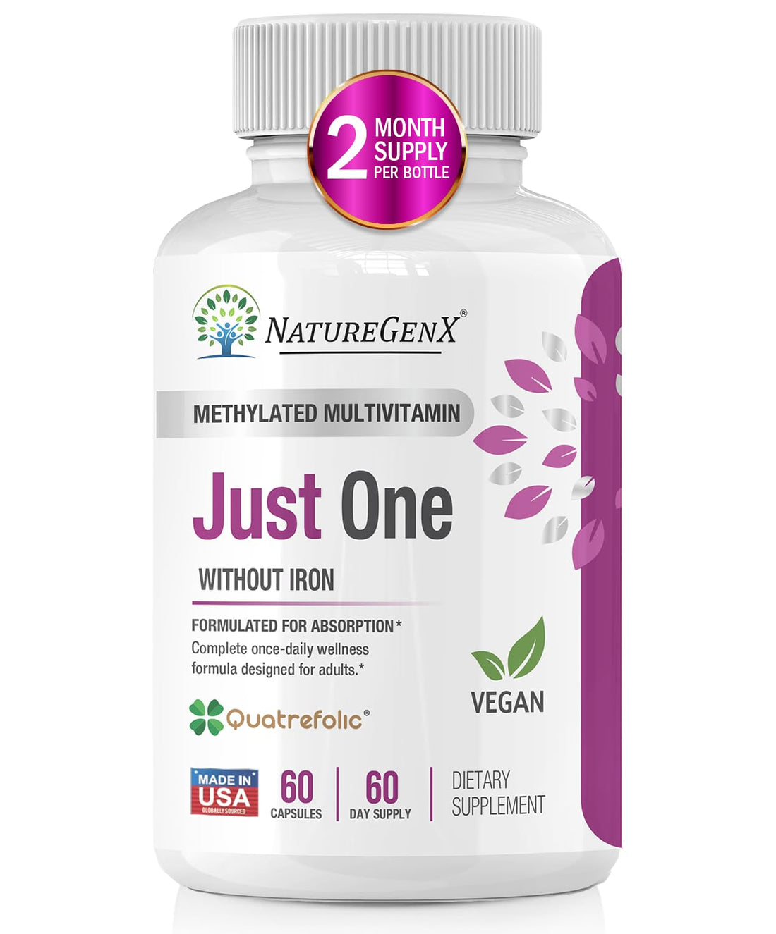 NatureGenX Just One Daily Methylated Multivitamin - 60 Caps Pure Methyl B12, Methylfolate MTHFR Support Supplement Iron Free Methylated Vitamins for Men & Women 2 Months Supply Gluten Free