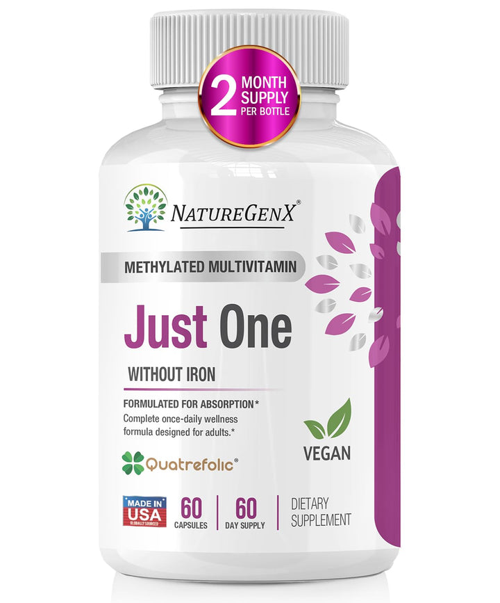 NatureGenX Just One Daily Methylated Multivitamin - 60 Caps Pure Methyl B12, Methylfolate MTHFR Support Supplement Iron Free Methylated Vitamins for Men & Women 2 Months Supply Gluten Free