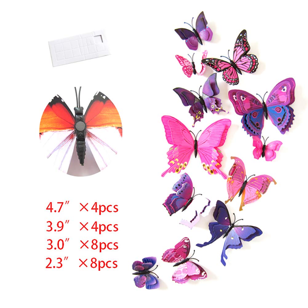 JYPHM 24PCS 3D Butterfly Wall Decal Double Wings Removable Refrigerator Magnets Stickers Decor for Kids Room Decoration Home and Bedroom Art Mural Purple