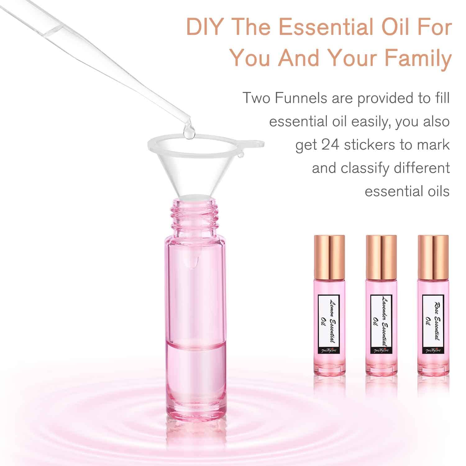 PrettyCare 12 Pack, 10 ml Essential Oil Roller Bottles with Stainless Steel Roller Ball - Refillable Leak-proof Empty Thick Pink Glass Roll on Bottles with Metal Caps for Travel, Perfume