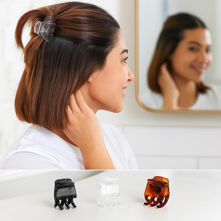 Goody Small Basic Half-Claw Hair Clips, 12-Count – 3-Prong Claw Clips for All Hair Types, Neutral Colors (Black, Tortoise, Clear), SlideProof Grip for All-Day Hold