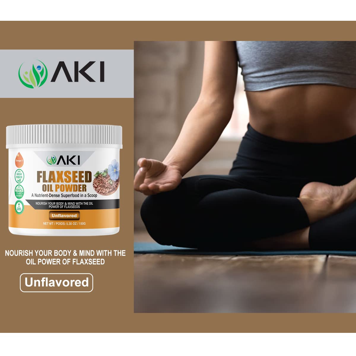 AKI Flaxseed Oil Powder - Packed with Essential Nutrients Like Omega-3 Fatty acids, Fiber, & Lignans - Free from Artificial Additives, Made with Ideal Quality Ingredients (5.30oz/150g)