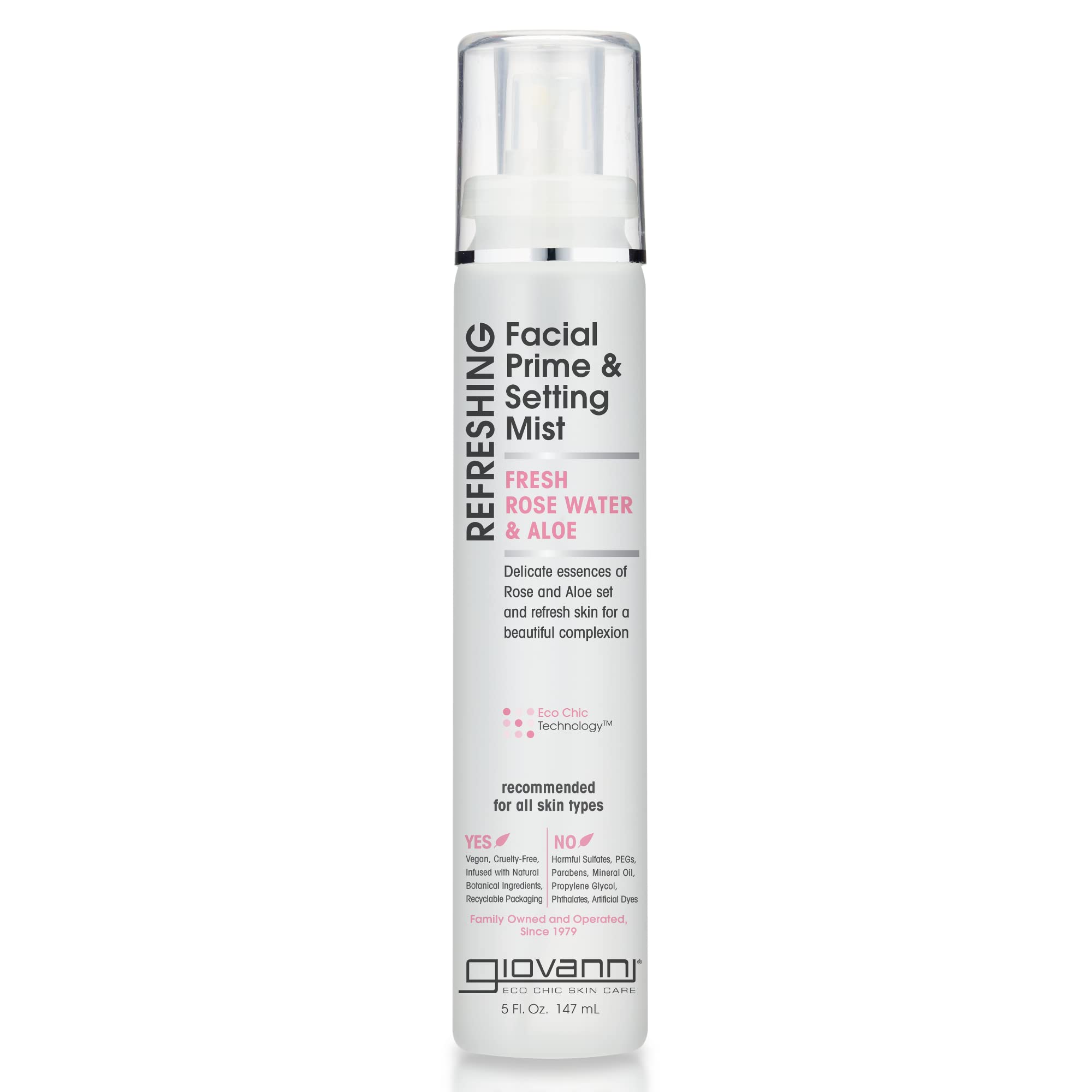 GIOVANNI Refreshing Facial Prime Setting Mist - Fresh Rose Water Spray For Face, Contains Rose Water & Aloe, Refreshing Facial Mist & Primer, Set & Refresh Skin for a Beautiful Complexion - 5 Fl oz
