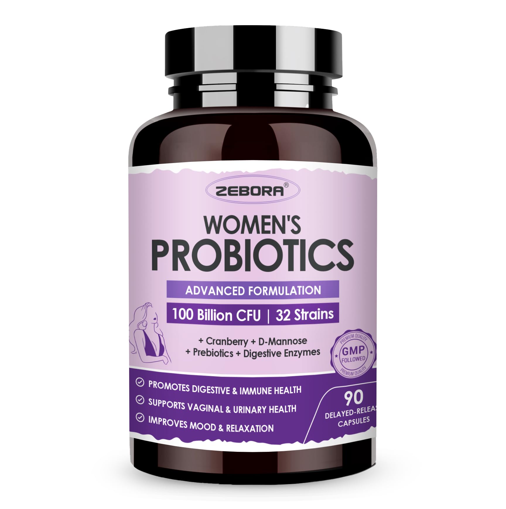ZEBORA Probiotics for Women Digestive Health with Enzymes & Prebiotics 100 Billion CFUs| Vaginal Probiotics with D Mannose & Cranberry | Urinary Tract Health | Immune Support, 90 Capsules