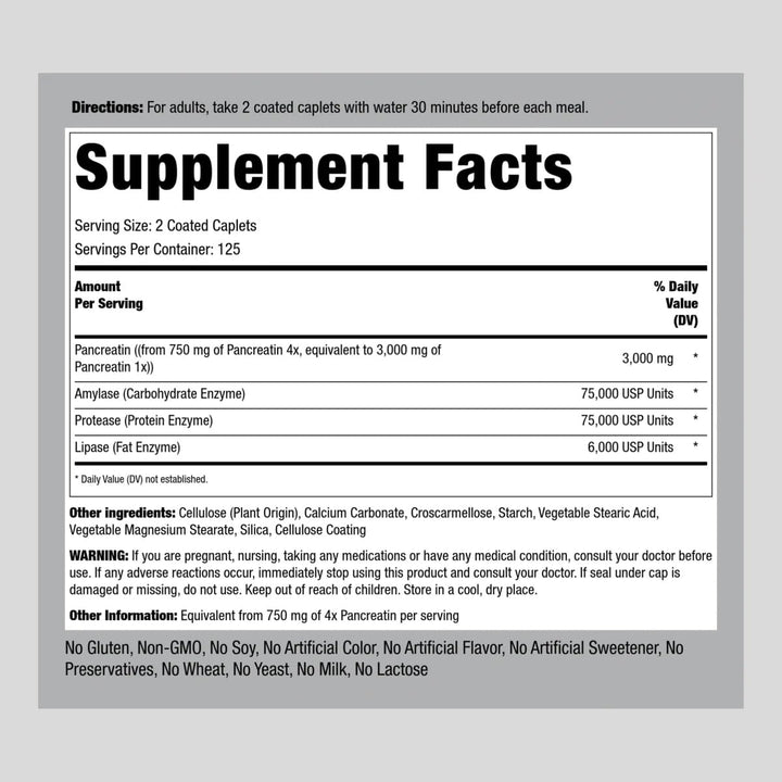 Piping Rock Pancreatin Digestive Enzymes | 3000mg | 250 Caplets | Ultra Strength | Non-GMO, Gluten Free Supplement