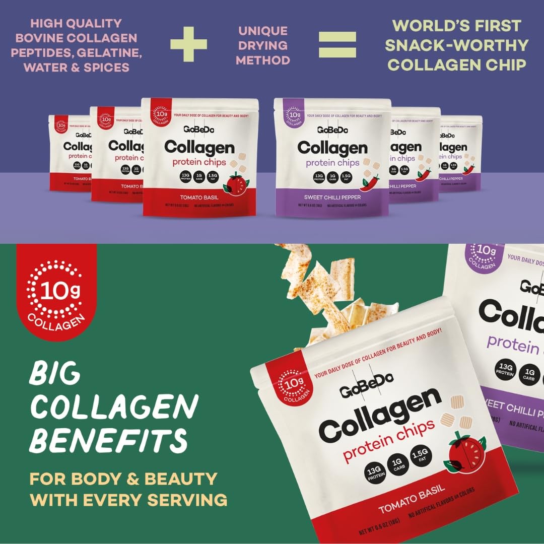 GoBeDo Collagen Protein Chips - Sweet Chilli Pepper & Tomato Basil Flavors - 13g Protein Per Bag, GMO-Free, Gluten-Free, Tasty Keto Savory Collagen Protein Snack (Pack of 10)