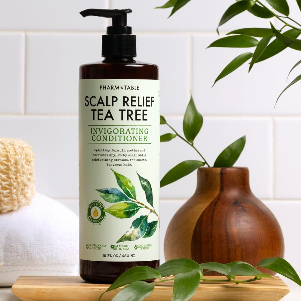 PHARM TO TABLE Tea Tree Conditioner For Men and Women, Hair Detangler and Soothing Scalp Relief - Infused with Tea Tree oil, Sunflower oil, Aloe and Argan oil, 16.2oz