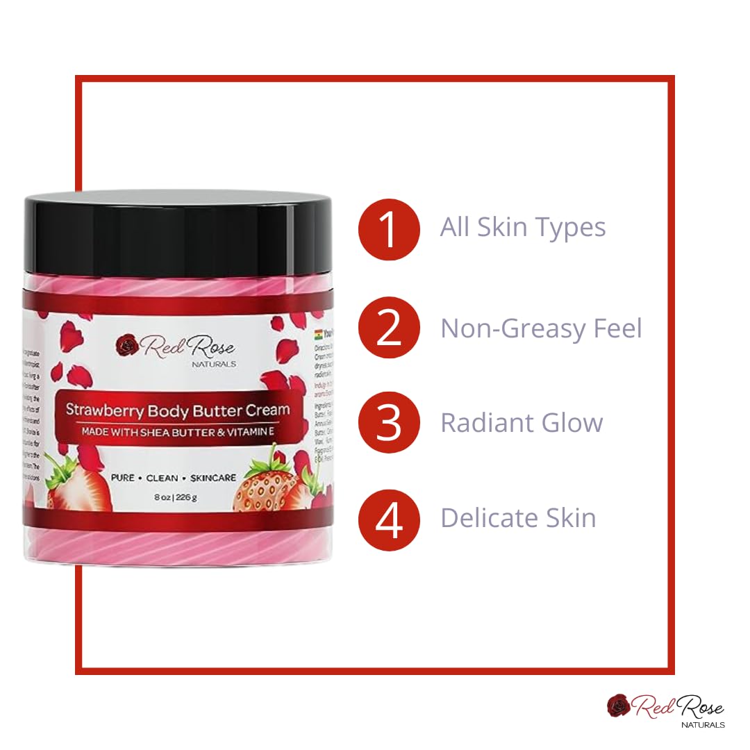 Red Rose Naturals Strawberry Body Butter Cream for Sensitive, Dry Skin, 8 oz, Non-Greasy, Smooth Creamy, Moisturizing Shea Butter- Natural Skincare for All Skin – Vegan