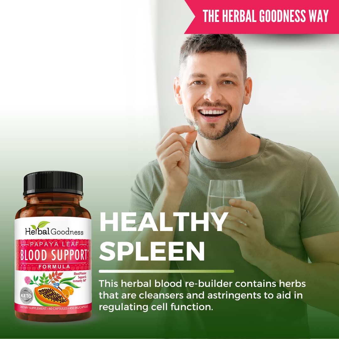 Herbal Goodness Papaya Leaf Blood Support Capsules - Platelet & Bone Marrow Health, Immunity Support & Blood Cleanse - 60/450mg Veggie Capsules (1 Bottle)