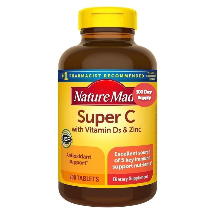 Generic Nature Made Super C with Vitamin D3 and Zinc, 200 Tablets Bundle | Vitamin C (900 mg), Vitamin A (450 mcg), Vitamin D3 (25 mcg/1000 IU), Vitamin E (15 mg) and Zinc (11 mg) | 100 Day Supply