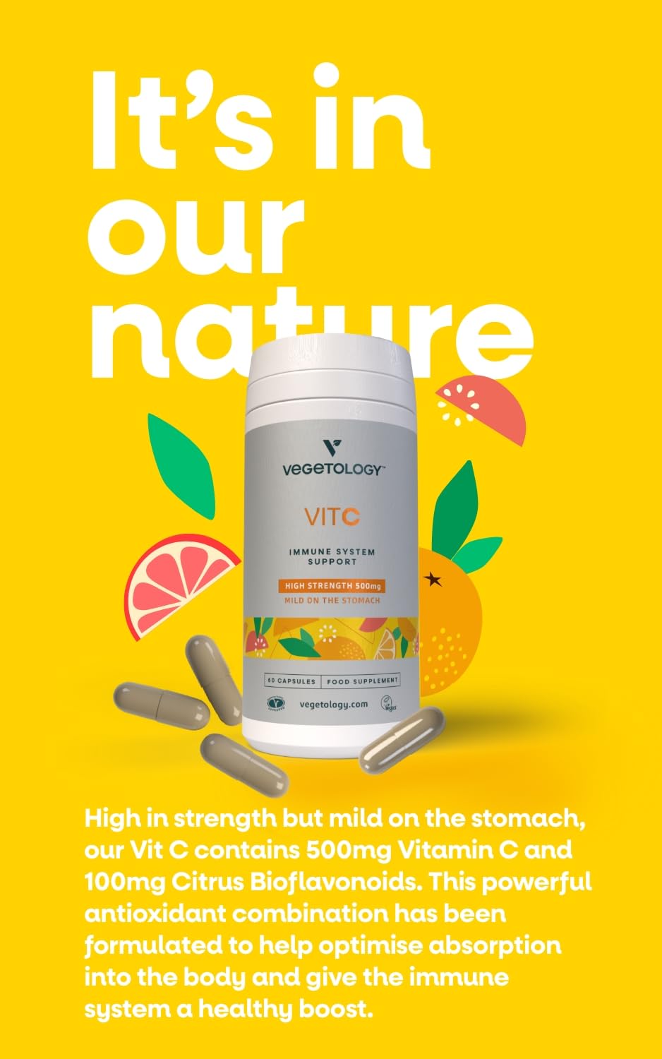 VEGETOLOGY Vegan Vitamin C Supplements — VIT C + Citrus Bioflavonoids — Vitamins and Health Supplements — Daily Supplements (60 Capsules) — Vitamin C 500mg Capsules — Antioxidants Supplement