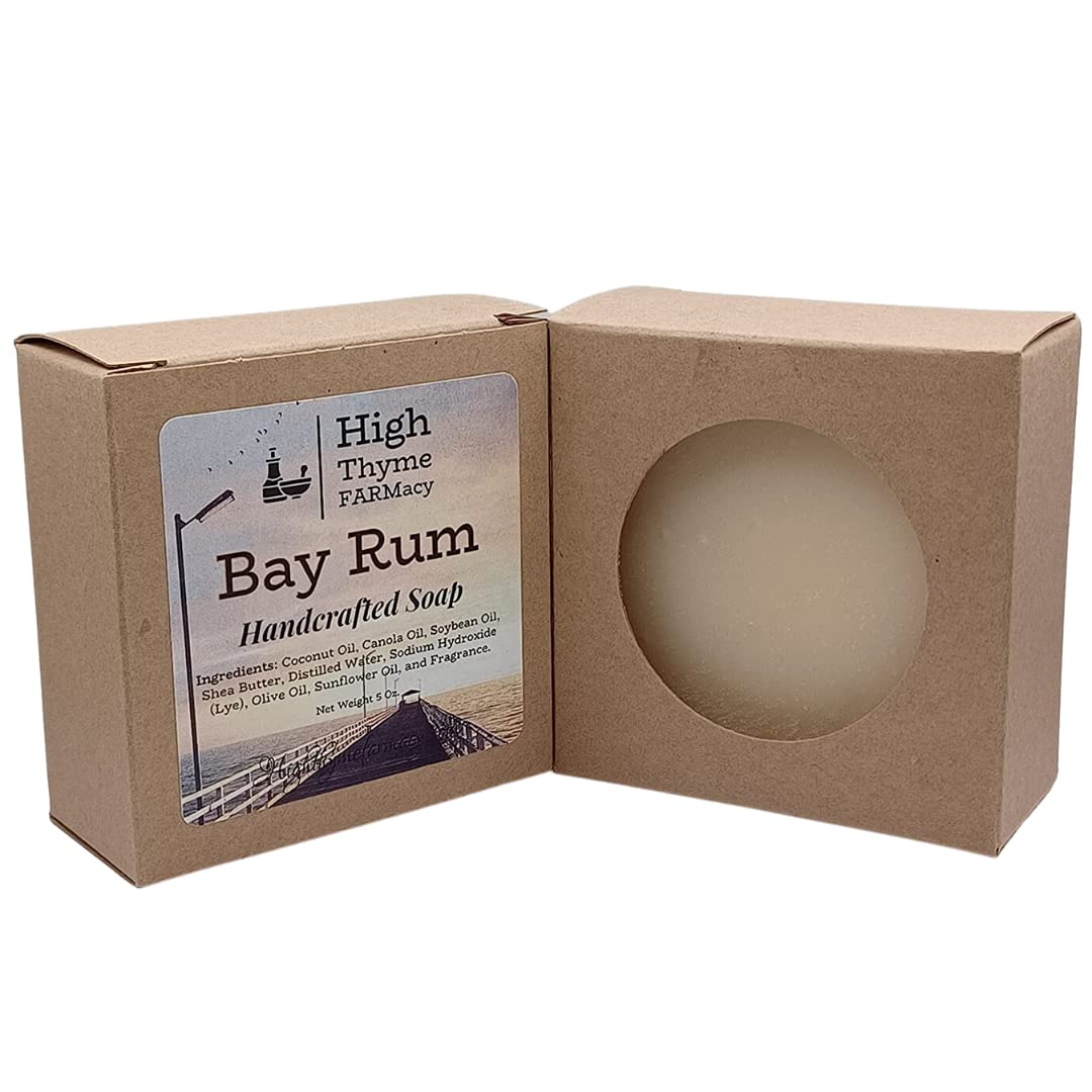 High Thyme FARMacy Bay Rum Soap - 5 Ounce Bar of Vanilla, Clove, Cinnamon, Musk, and Citrus Scented Lye Soap - Moisturizing Bath Soap with a Classic Bay Rum Scent