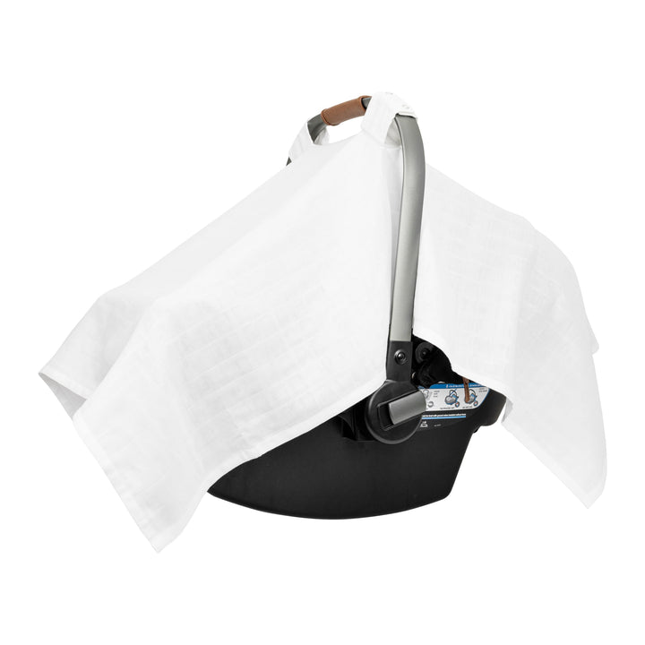 100% Organic Cotton Muslin Car Seat Cover for Babies - Lightweight, Breathable Infant Car Seat Canopy to Protect from Sunlight and Dust - Fits Any Infant Car Seats - 44x30 (White)