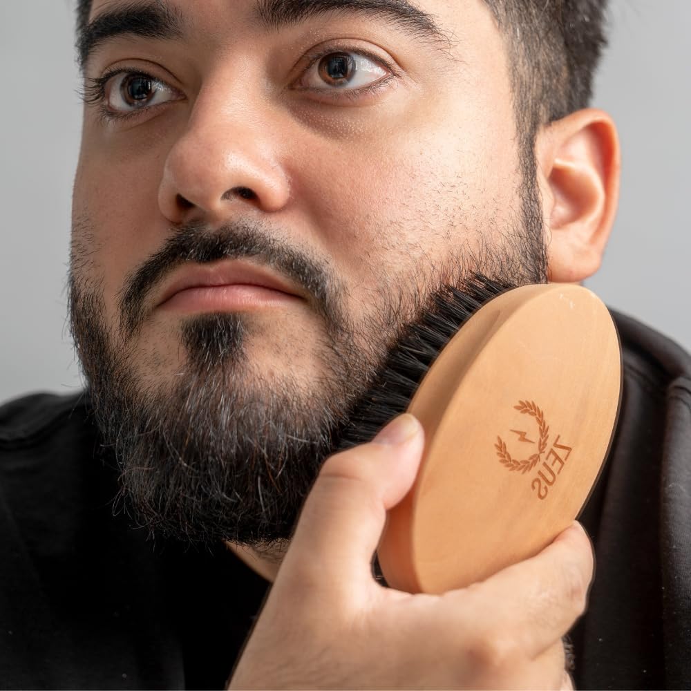 ZEUS Military Style 100% Boar Bristle Beard Brush, Soft Second Cut