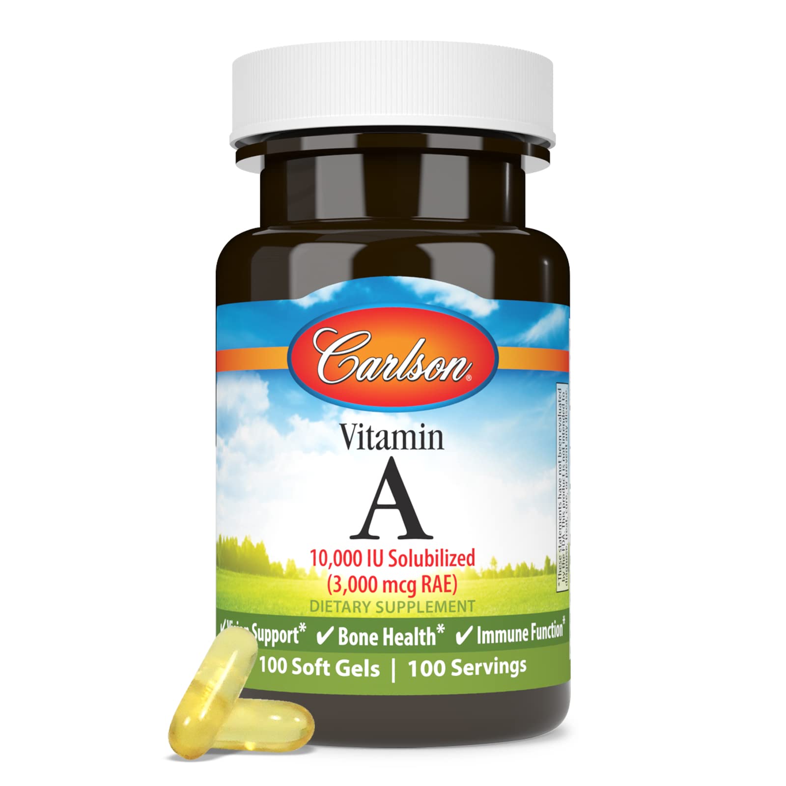 Carlson - Vitamin A Solubilized, 10000 IU (3000 mcg RAE), Water Soluble, Vision Health, 100 Softgels