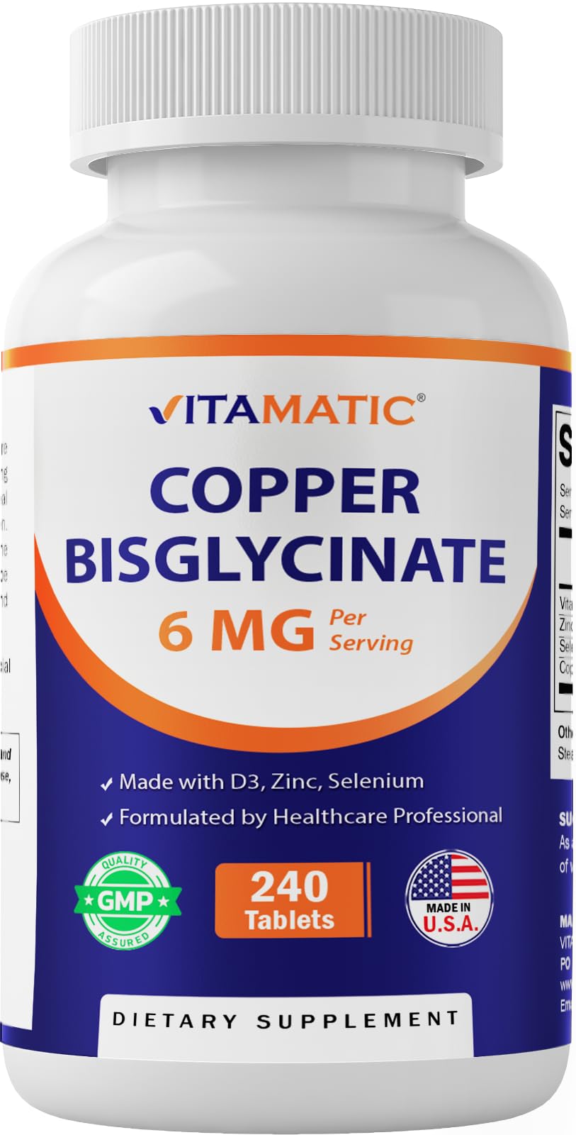 Vitamatic Copper Bisglycinate 6 mg Made with Vitamin D3 2000 IU, Zinc 50mg, Selenium 50mcg - 240 Tablets - Non-GMO & Gluten Free