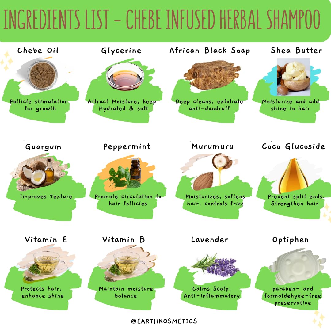 earth Kosmetics Herbal Chebe Shampoo with African Black Soap & Shea Butter: Strengthen and revitalize your hair with this blend of potent herbs and oils for growth, hydration, and shine. 4.2oz