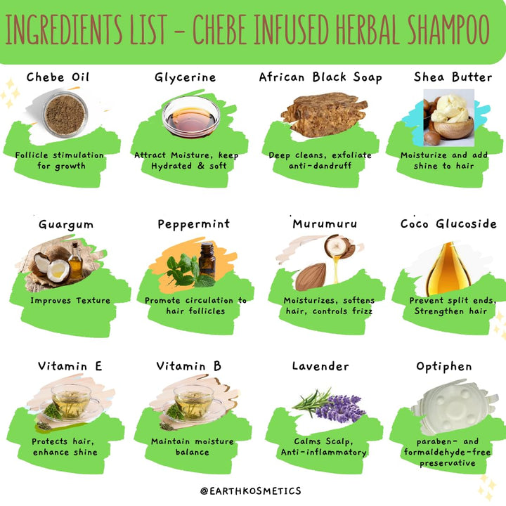 earth Kosmetics Herbal Chebe Shampoo with African Black Soap & Shea Butter: Strengthen and revitalize your hair with this blend of potent herbs and oils for growth, hydration, and shine. 4.2oz