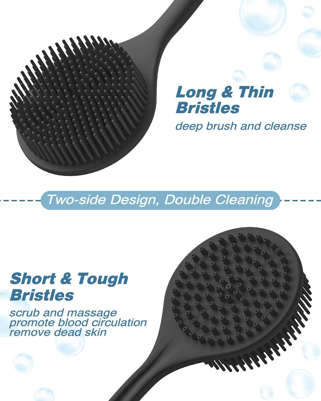 Manmihealth Silicone Back Scrubber & Soft Bath Glove Set 4 PCS(Thin Bristles), Super-Exfoliating Body Scrubber & Super-Lathering Shower Brush Combination, with 2 Free Hooks (Black)