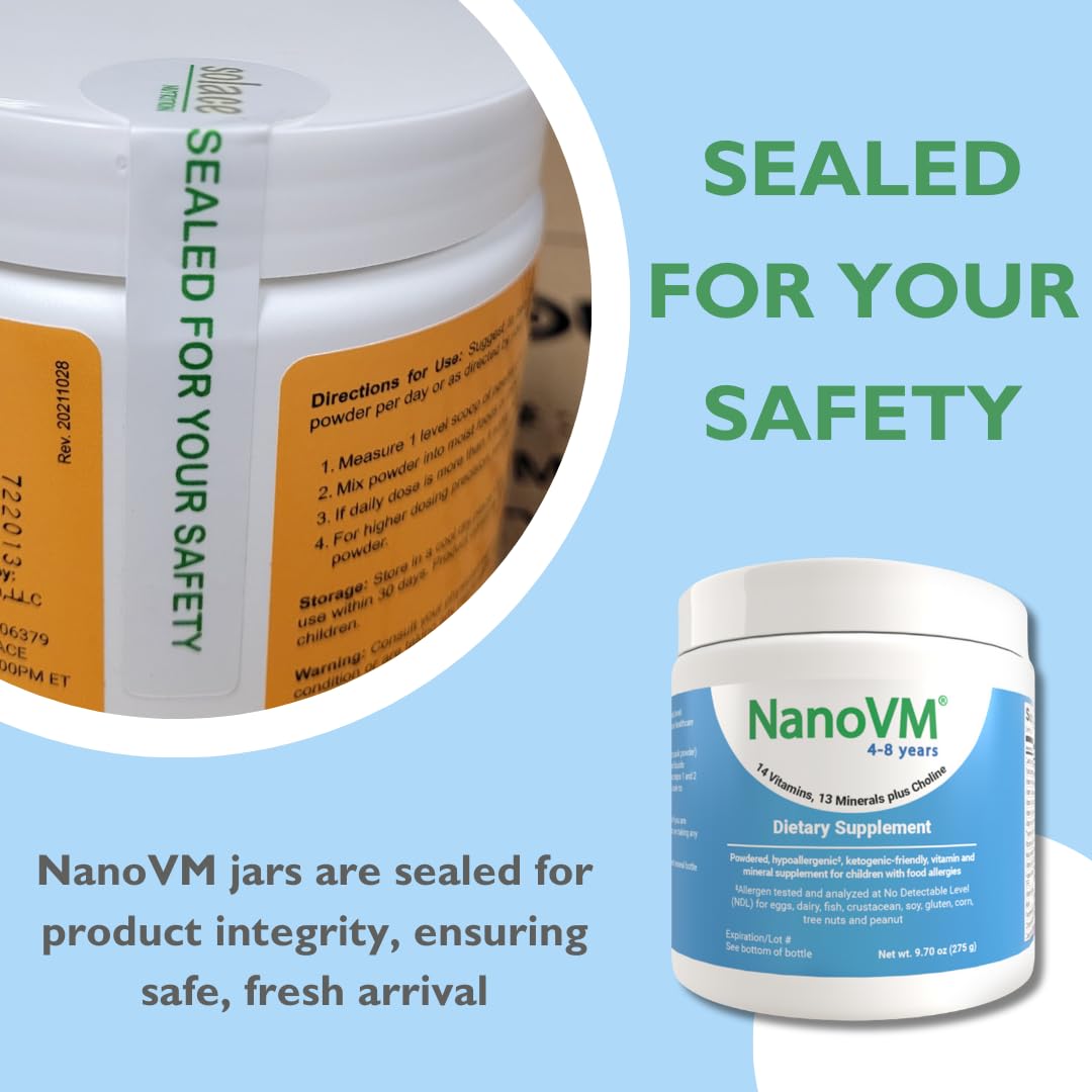 NanoVM 4-8 Years, Allergen-Free Kids Multivitamin, Unflavored Powdered Vitamins, Multivitamin Powder with 14 Vitamins & 13 Minerals, Low-Carbohydrate Vitamin Supplements, 275g - Solace Nutrition