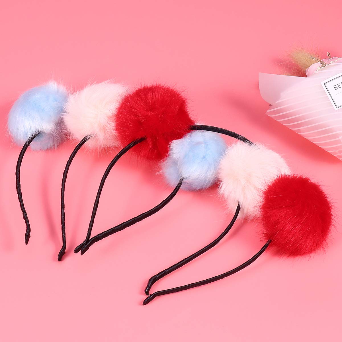 Frcolor Furry Headband, Pom Pom Ball Cat Ear Headband for Halloween Christmas Party Birthday Cosplay, 3Pcs