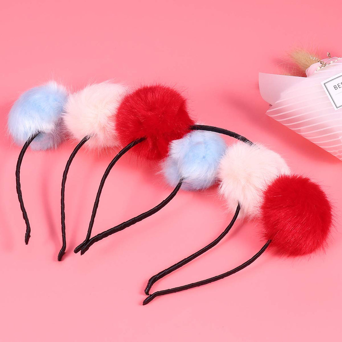 Frcolor Furry Headband, Pom Pom Ball Cat Ear Headband for Halloween Christmas Party Birthday Cosplay, 3Pcs