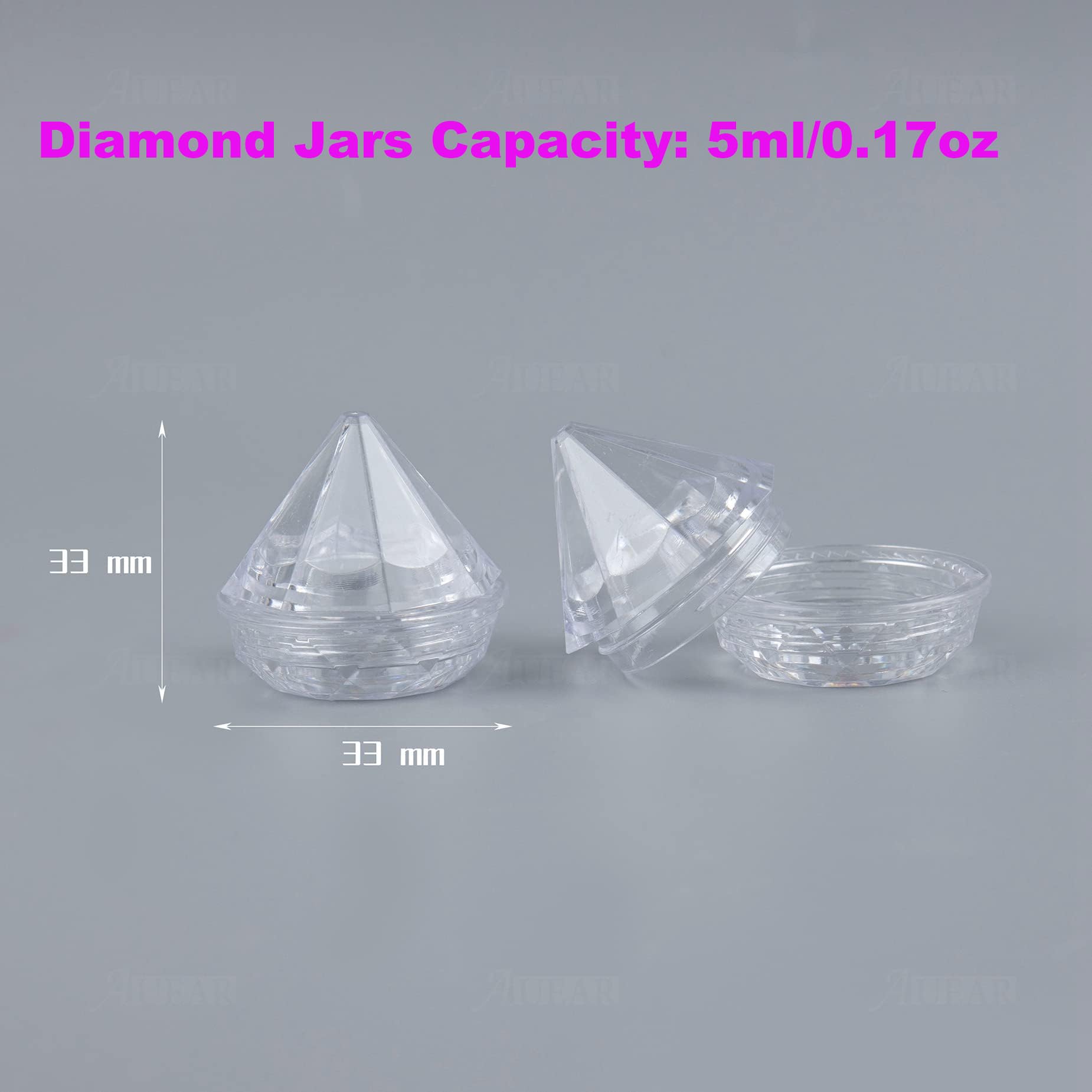 AUEAR, 50 Pack Diamond Shaped Clear Jars 5 ML Empty Refillable Cosmetic Small Jar Makeup Container with Lids Sample Trial Case Storage Box for Party Favors Container Decor
