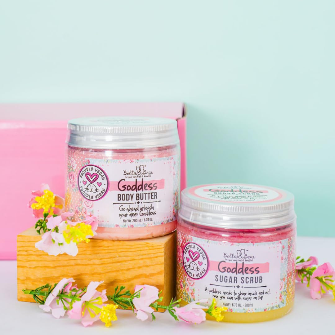 Bella & Bear Gift Set - 3-in-1 Body Scrub & Goddess Body Butter in Glossy Pink Box - Vegan, Cruelty-Free, Mango-Pineapple-Coconut Scent