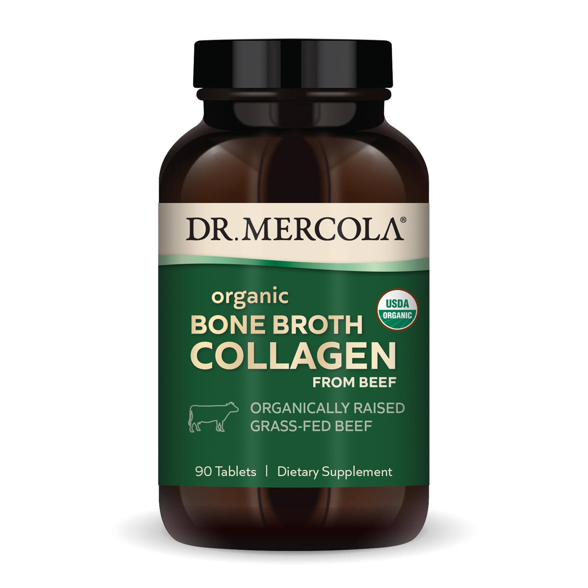 Dr. Mercola Organic Bone Broth Collagen, 30 Servings (90 Tablets), Organically Raised Grass-Fed Beef, Dietary Supplement, Supports Bone and Joint Comfort, USDA Organic, Non-GMO