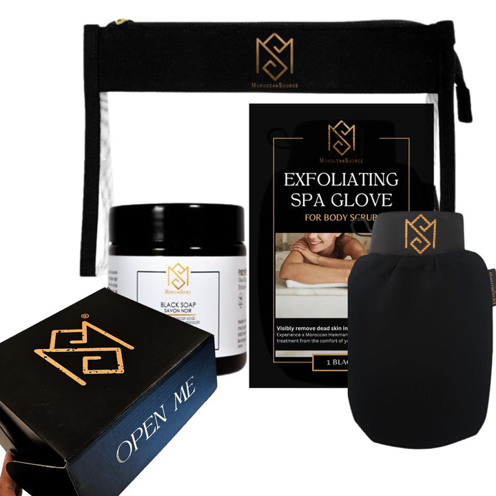 Exfoliating Glove Kessa Mitt Body Scrubber - Dead Skin Remover Shower Glove for Dead Skin Scrubbing and Deep Pore Cleansing - by MoroccanSource (3 piece spa set)