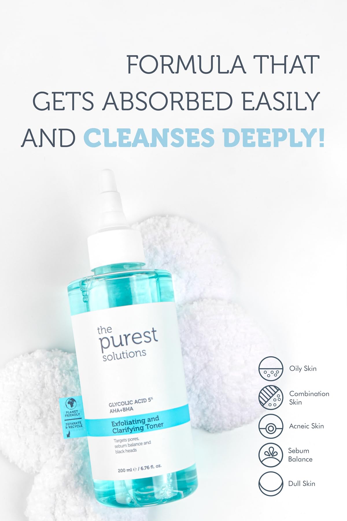 The Purest Solutions Exfoliating and Clarifying Toner (Glycolic Acid 5% AHA + BHA) - for All Skin Types - Balance Sebum Secretion - Reduce Pores Appearance - Vegan | Cruelty Free (6.76 fl. oz)