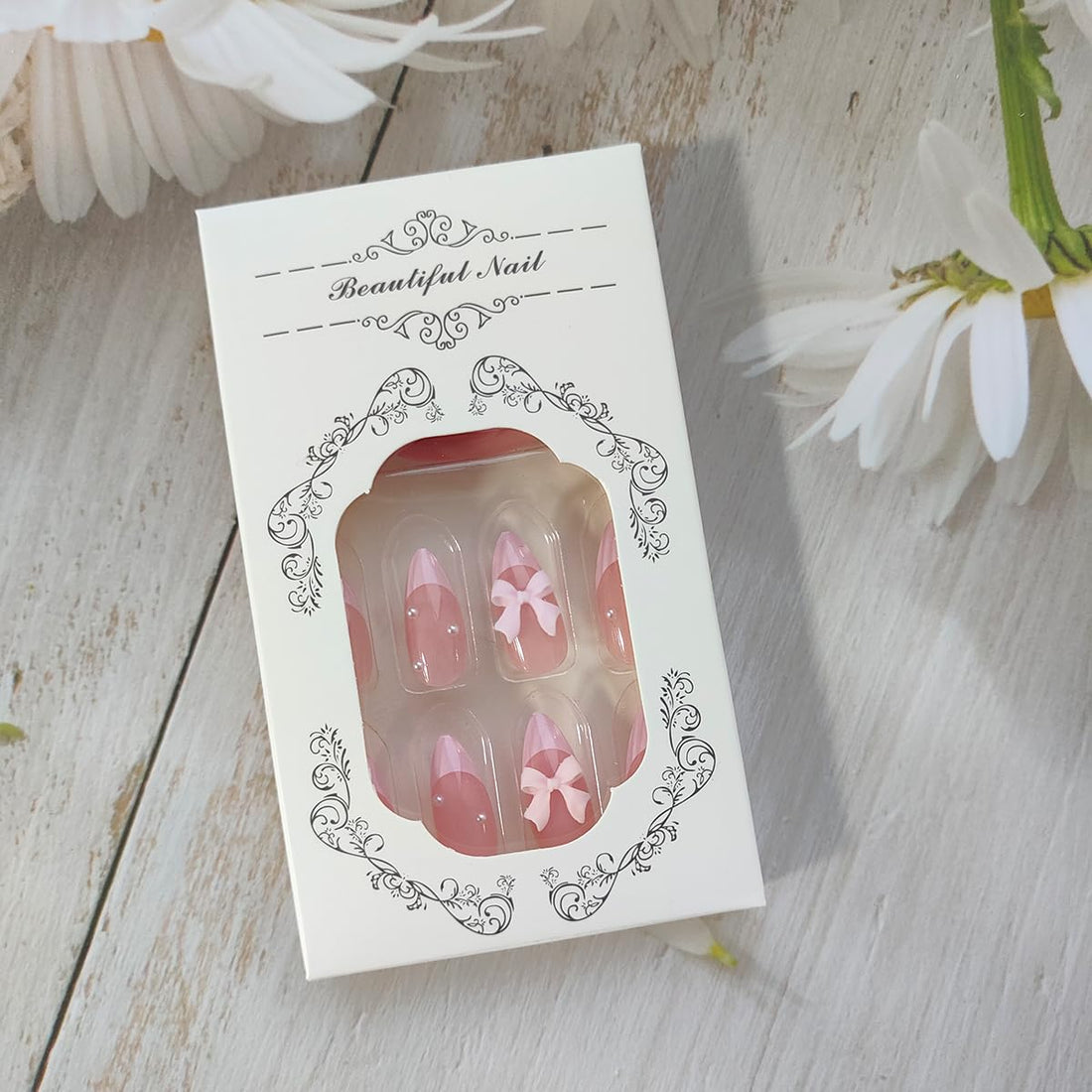 24pcs French Press on Nails, Almond Shape, Pink, with Bow & Pearl Design, French Tip, Luxury Glue on, Full Cover Artificial Nails for Women