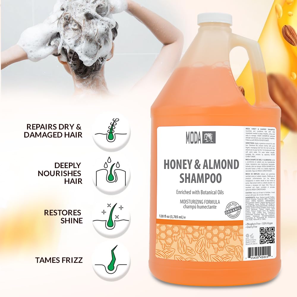 MODA - Moisturizing Shampoo for All Hair Types, Honey Almond, 128 Oz, Professional - Deeply Cleanses and Conditions, Strengthens, Restores and Shine your Hair