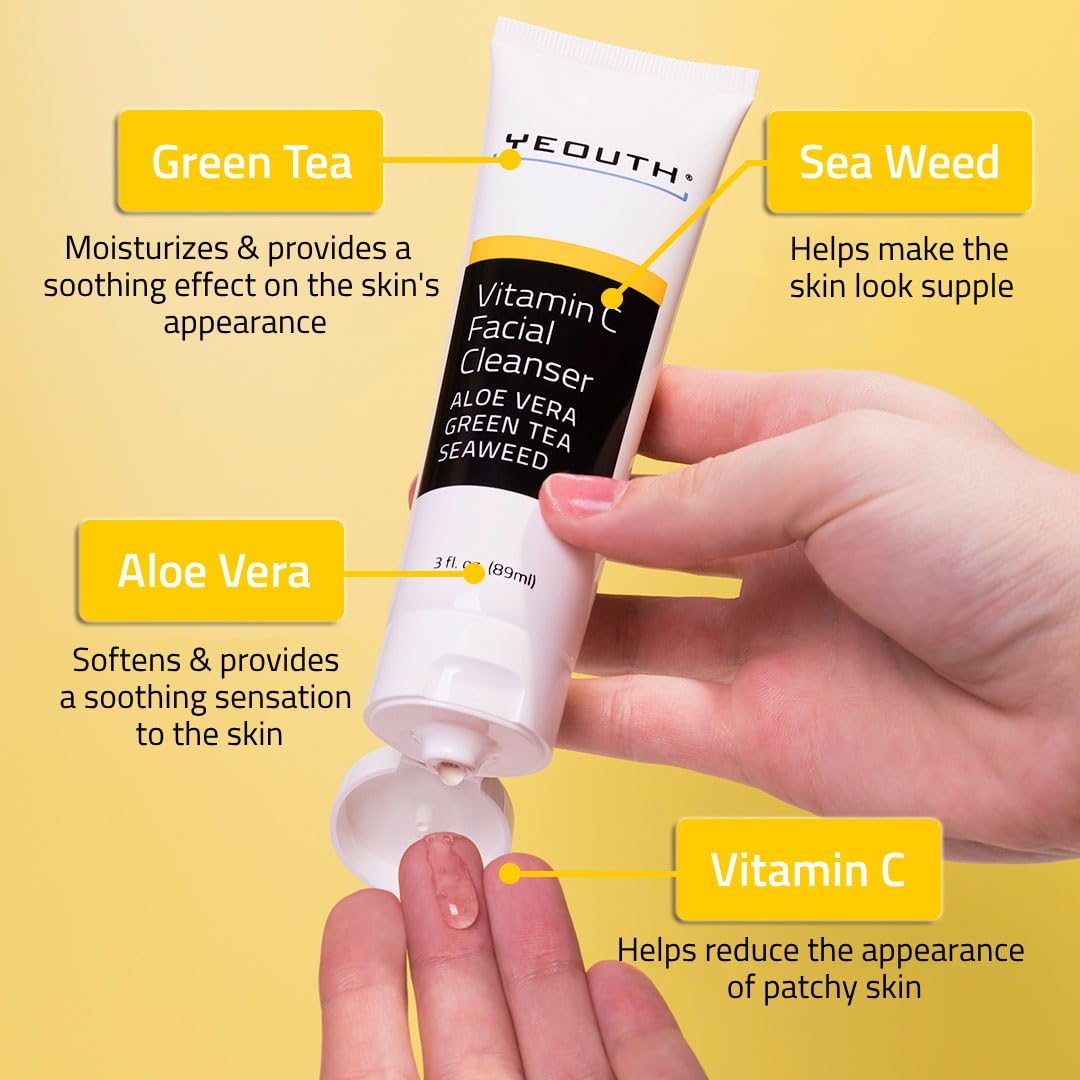 Vitamin C Facial Cleanser Infused with Aloe Vera, Green Tea and Sea Weed from YEOUTH - Soothing, Calming, Deep Penetrating Pore Face Wash for Radiant Skin - Formulated For All Skin Types