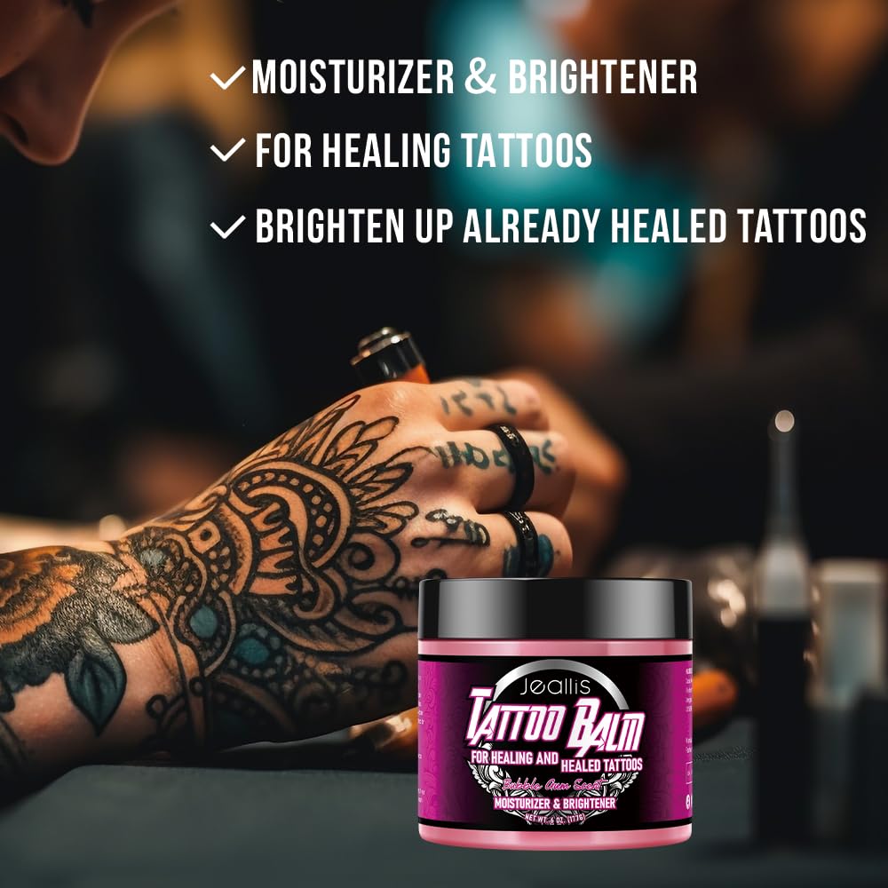 Jeallis Pink Tattoo Ointment for Artists and Aftercare, Tattoo Balm for Before, During & Post Tattoo Safe, Natural Tattoo Aftercare Cream Lotion, Bubble Gum, No-Petroleum, 6oz