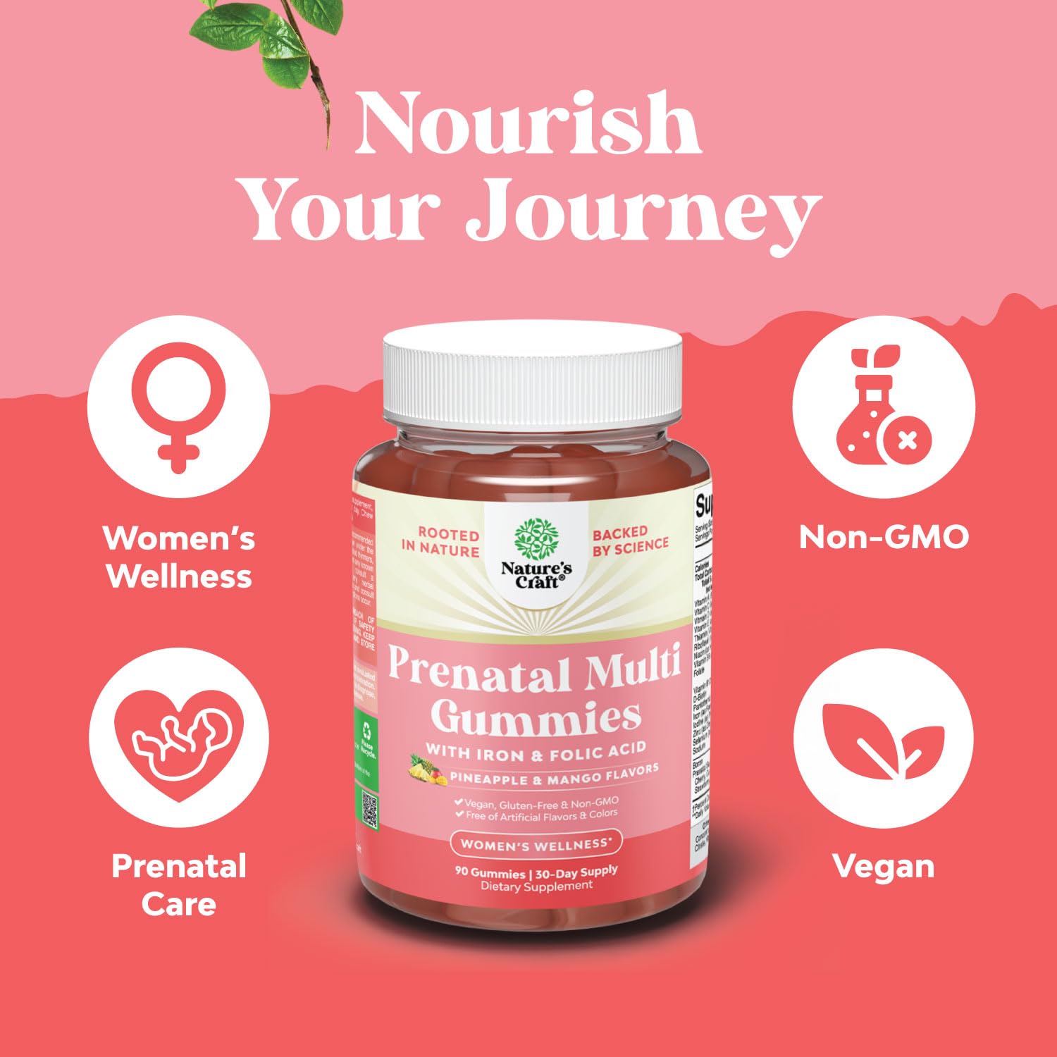 Natures Craft Vegan Prenatal Gummies for Women - Gummy Prenatal Vitamins for Women with Iron Folic Acid and Superfruit Blend - Chewable Vitamins Gummy Formula (Pineapple Mango) 1 Month
