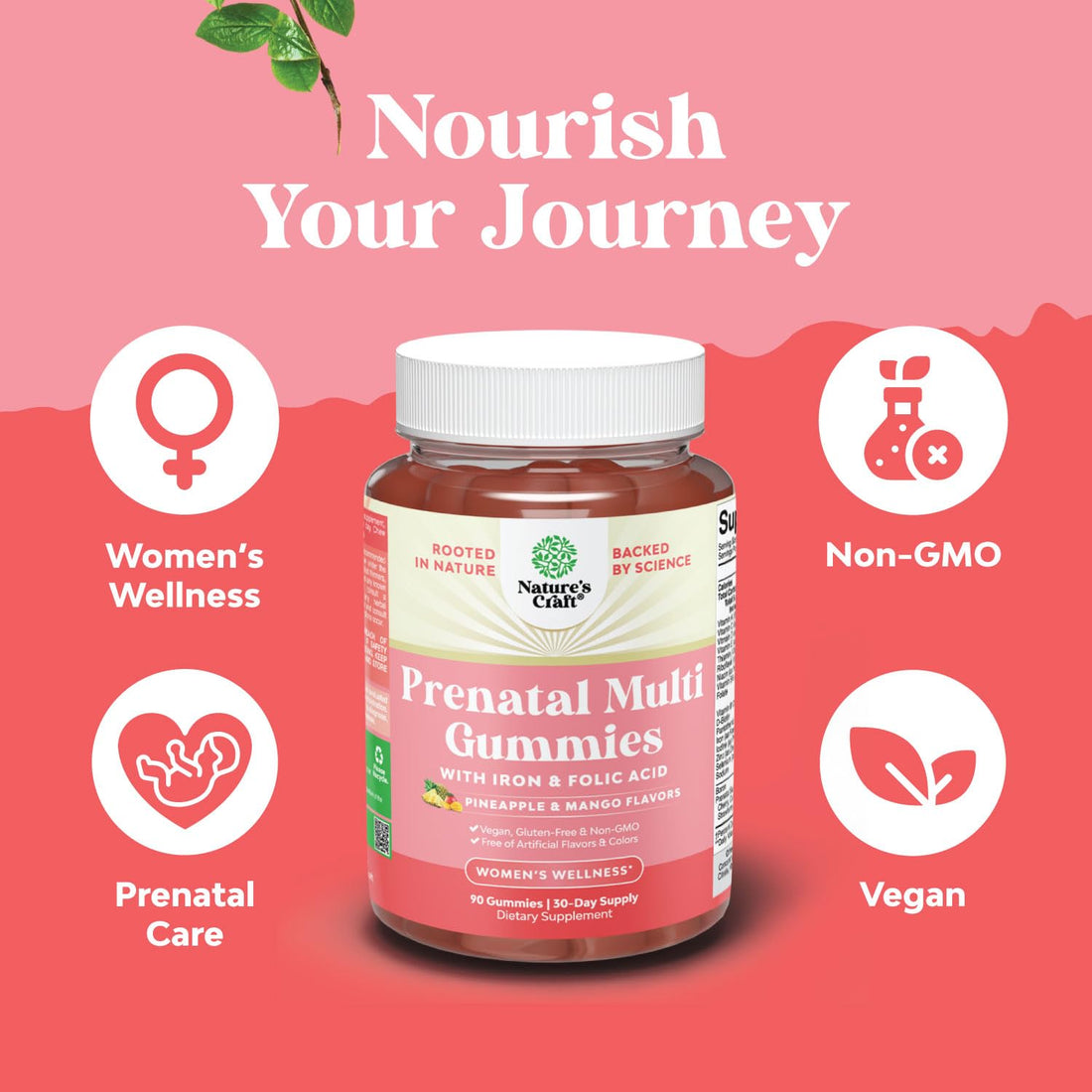 Natures Craft Vegan Prenatal Gummies for Women - Gummy Prenatal Vitamins for Women with Iron Folic Acid and Superfruit Blend - Chewable Vitamins Gummy Formula (Pineapple Mango) 1 Month