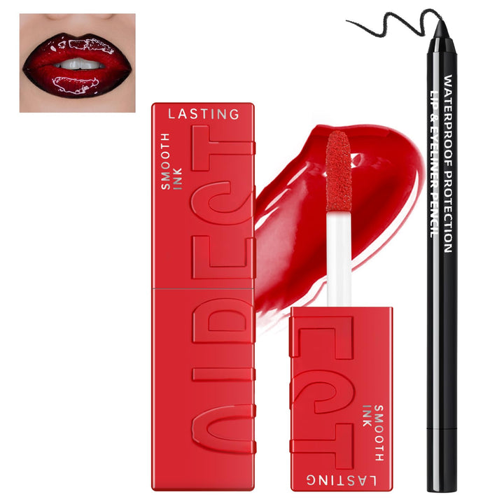 HOSAILY Vinyl Red Velvet Ink Liquid Lipstick with Black Lip Liner Gothic Lip Combo Halloween Makeup, Long Wear Waterproof Lip Gloss Non Sticky Moisturizing Lip Stain Tint Glossy Lip Color for Women