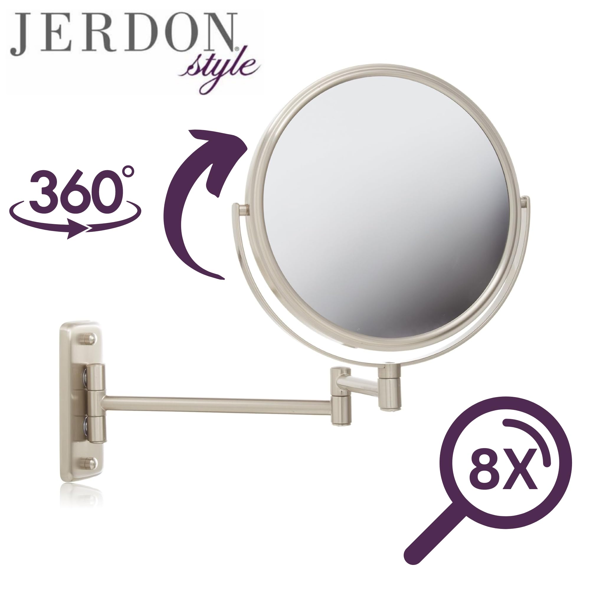 Jerdon JP7808N 8-Inch Two-Sided Swivel Wall Mount Mirror with 8x Magnification, 13.5-Inch Extension, Nickel Finish