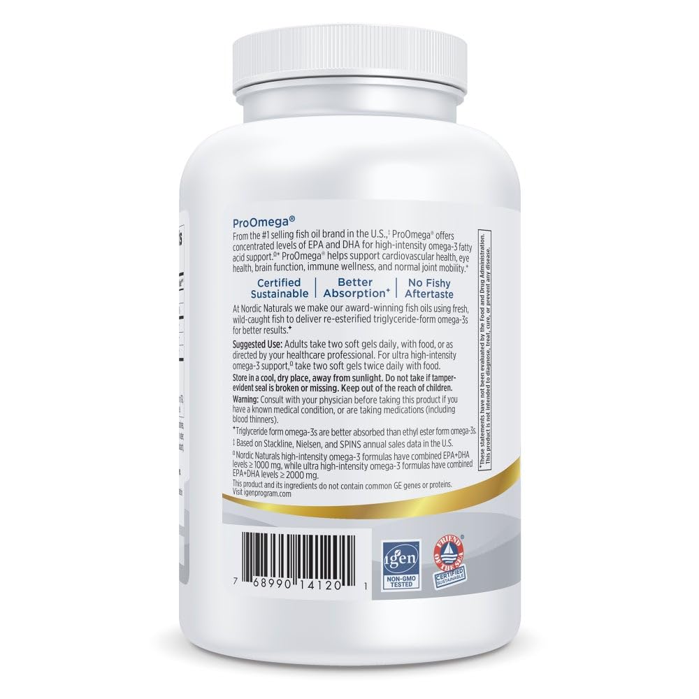 Nordic Naturals ProOmega, Lemon Flavor - 180 Soft Gels - 1280 mg Omega-3 - High-Potency Fish Oil with EPA & DHA - Promotes Brain, Eye, Heart, & Immune Health - Non-GMO - 90 Servings