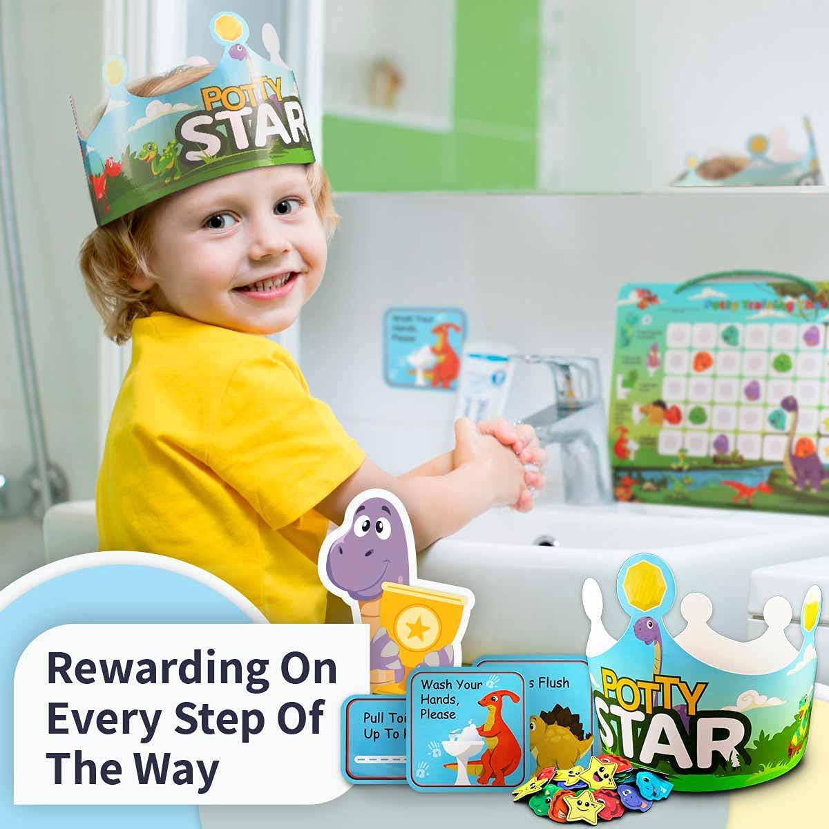 Potty Training Chart with 35 Stickers, 3 Reminder Stickers and Crown for Toddlers Boys and Girls - Potty Training Rewards for Kids - Dino