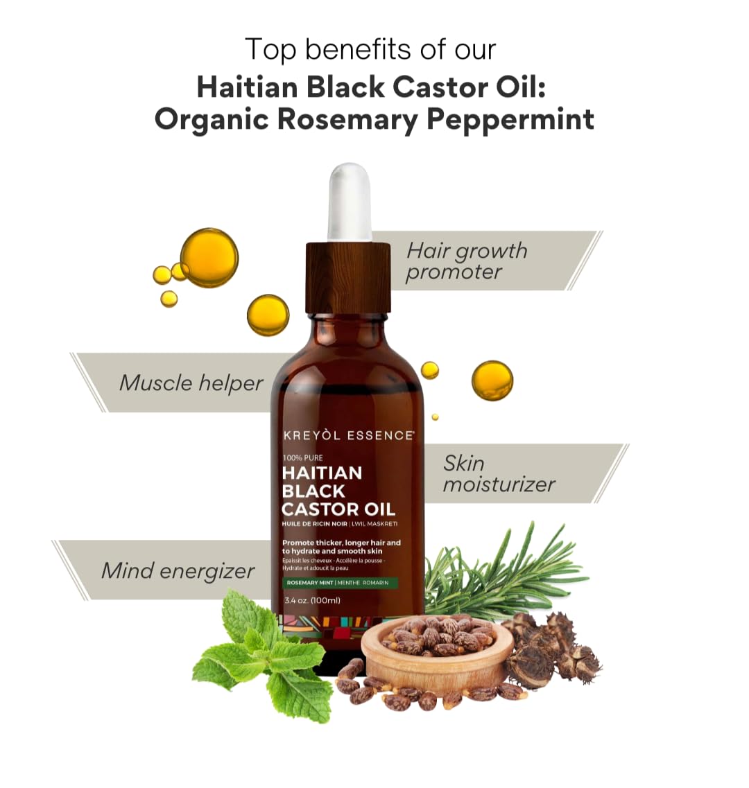 Haitian Black Castor Oil for Skin and Hair - Rosemary Mint - By Kreyol Essence - 2 oz.
