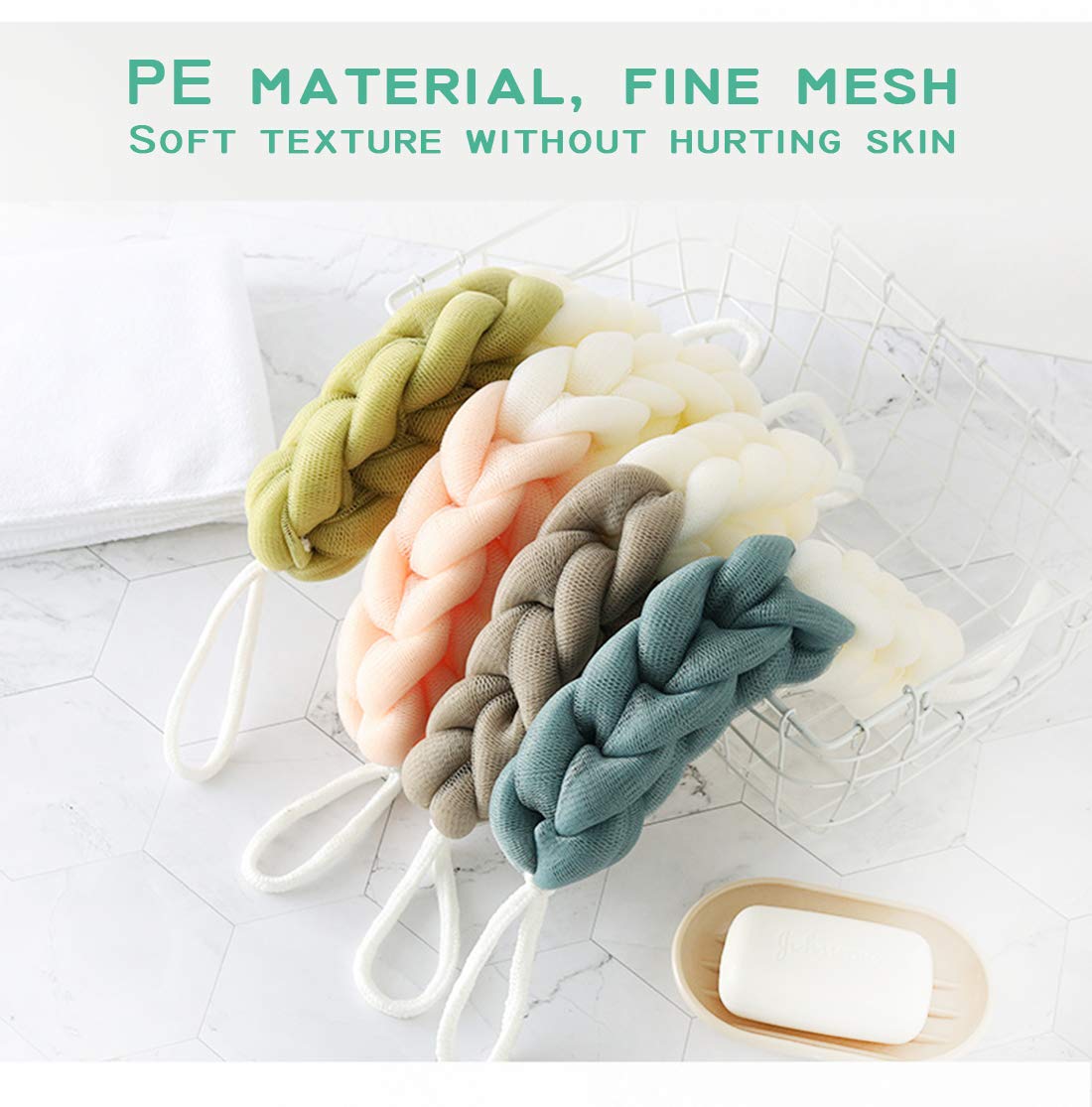 AARainbow 4 Packs Long Stretch Back Sponge with Rope Handles Back Scrubber Bath Shower Mesh Sponge Exfoliating Body Scrub Stretch Braided Loofah for Men and Women (1 White+1 Grey+1 Pink+1 Lotus Pink