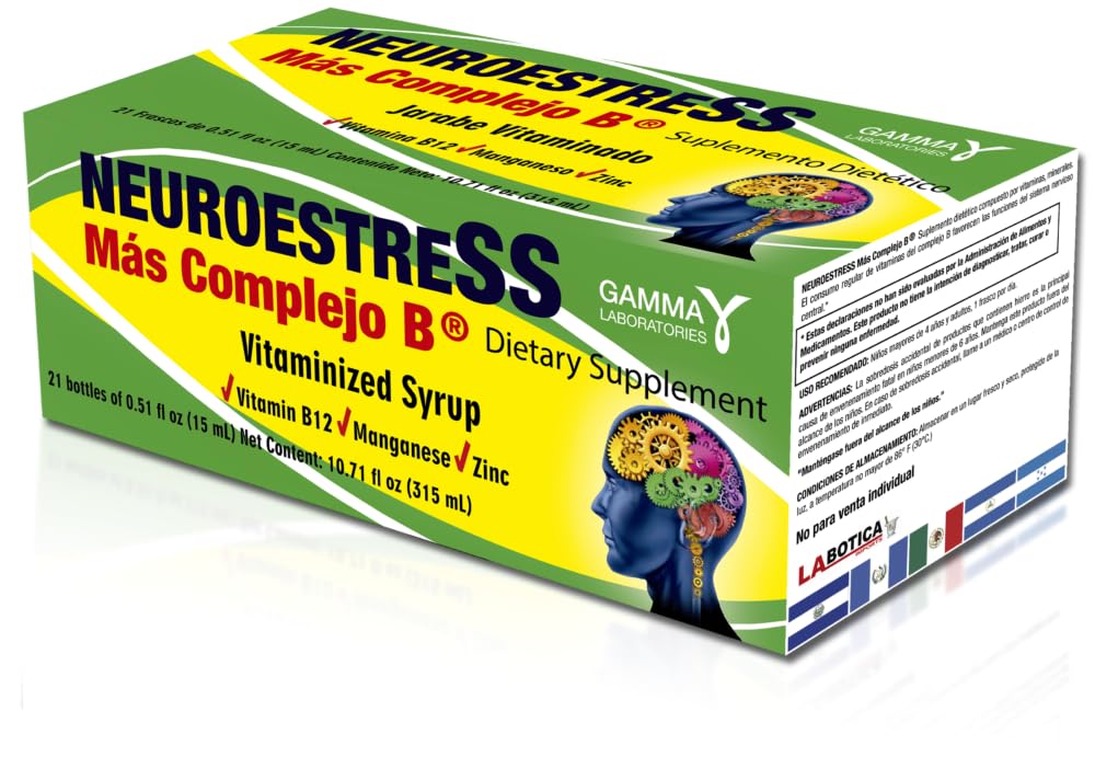 NEUROESTRESS Plus B Complex Dietary Supplement - Vitamin C, B1, B2, B3, B5, B6, B12, Potassium, Manganese, Iron, Magnesium, Zinc - Supports Central Nervous System - 1 Bottle Daily Dose
