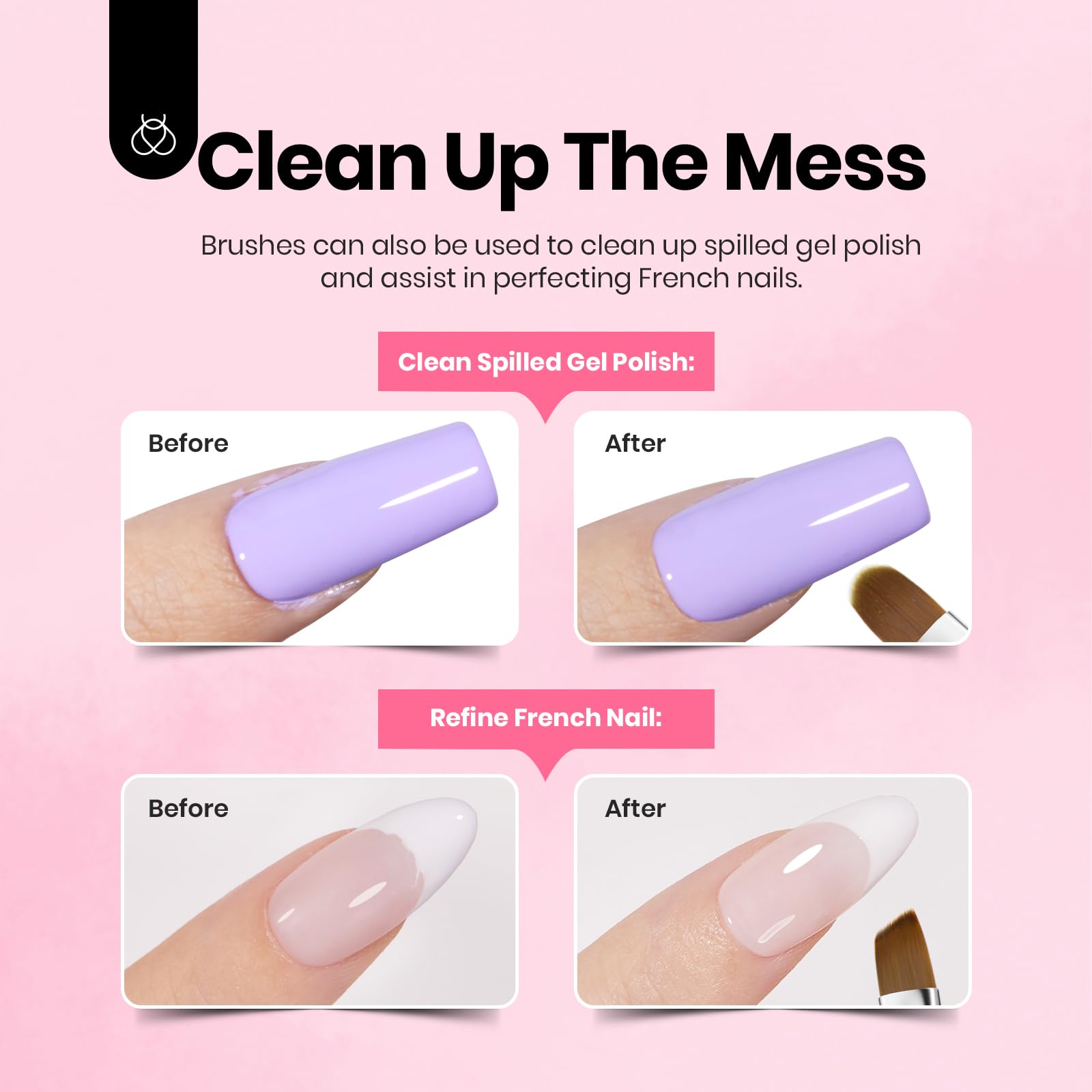 Beetles Nail Art Brushes, 6 Pcs Fingernail Art Design Pens, Pink Handle French Tip Ombre Clean Up Nail Brush Set for Gel Polish with Palette DIY Manicure Tools Gift for Women