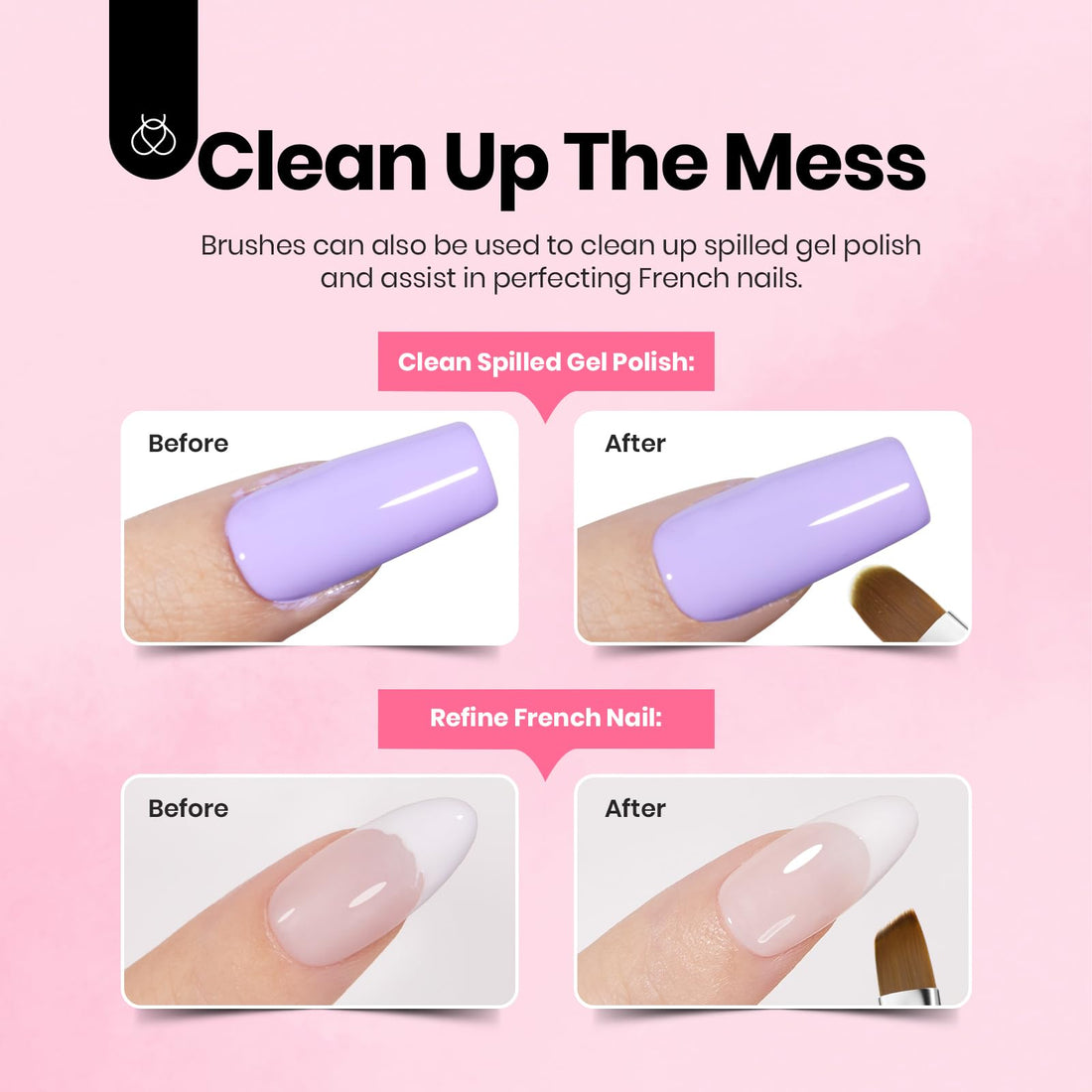 Beetles Nail Art Brushes, 6 Pcs Fingernail Art Design Pens, Pink Handle French Tip Ombre Clean Up Nail Brush Set for Gel Polish with Palette DIY Manicure Tools Gift for Women