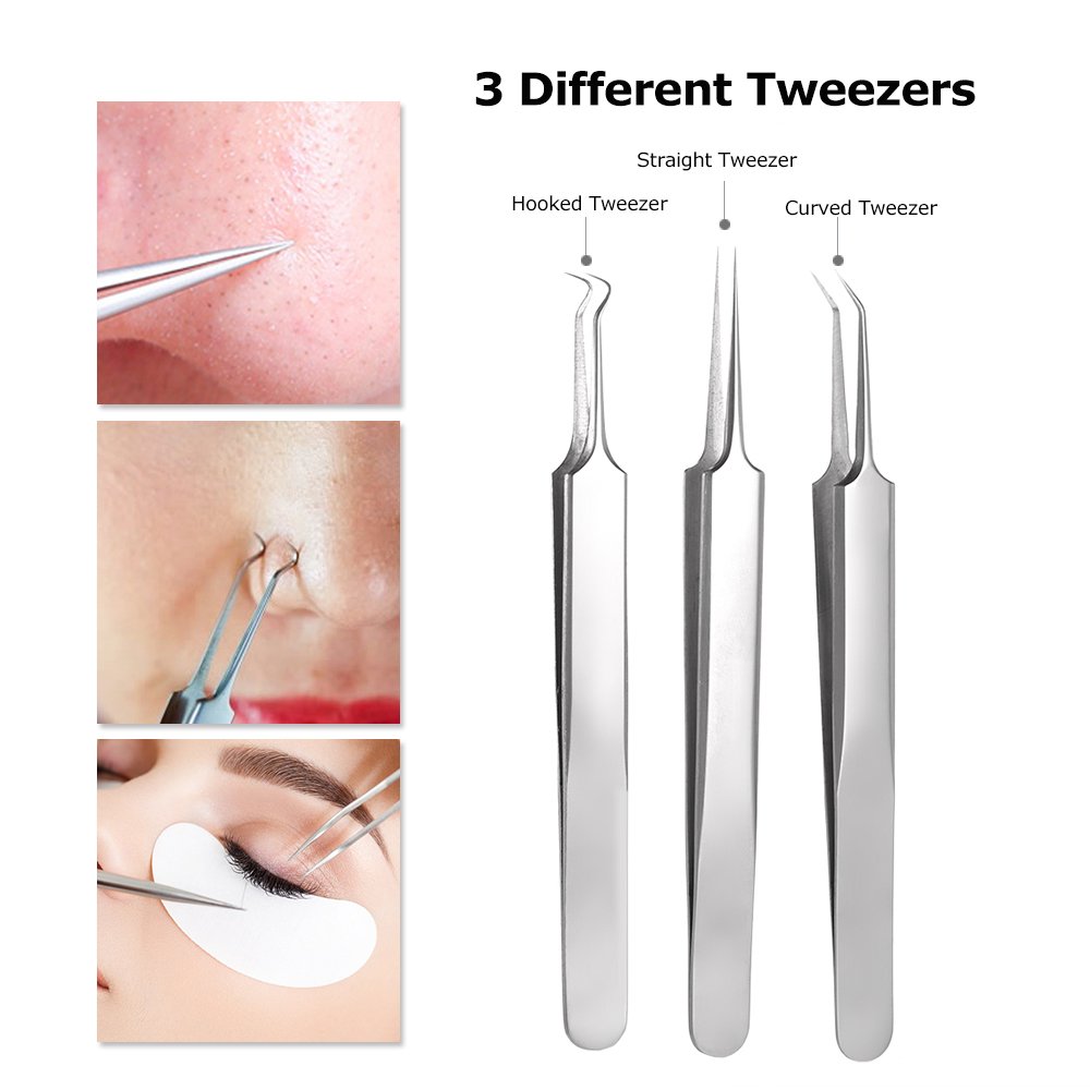 Pinkiou Acne Needle Kit Curved Blackhead Remover Tweezers for Blemish Dermatologist Grade Nose Pimple Comedone Extractor Tool Set with Silver Metal Case (5pcs a pack)